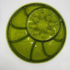 Green Deviled Egg Relish Tray Tree Of Life Divided Platter Glass 12 3/4"